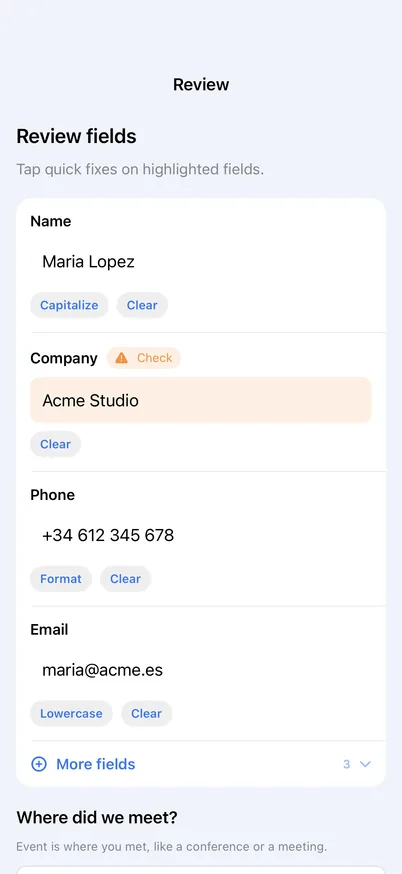 Review screen with name, company, phone and email fields; an unsure field is highlighted